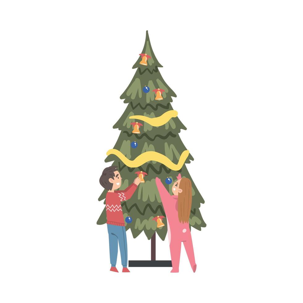 Kids Decorating Christmas Tree with Baubles and Garland, Boy abd Girl Preparing for Holiday Celebration, Merry Xmas and New Year Cartoon Style Illustration vector