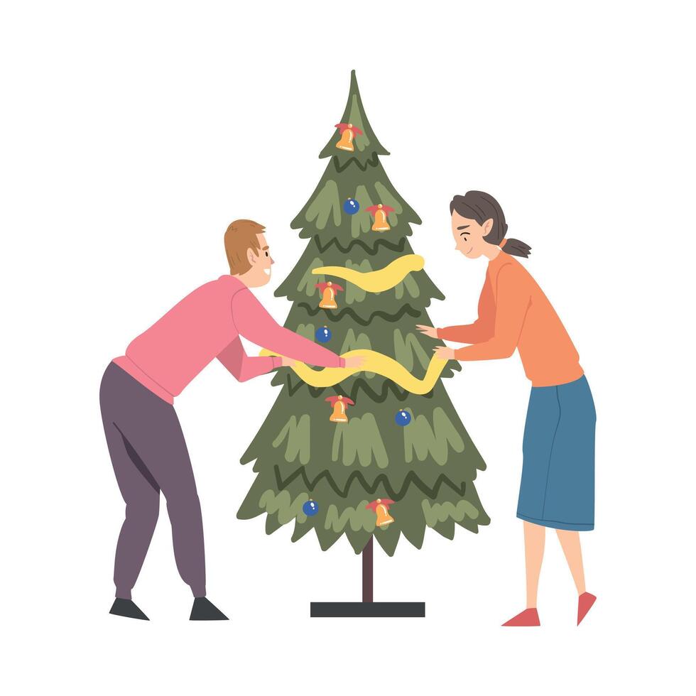 Couple Decorating Christmas Tree, Young Man and Woman Preparing for Holiday Celebration, Merry Xmas and New Year Cartoon Style Illustration vector