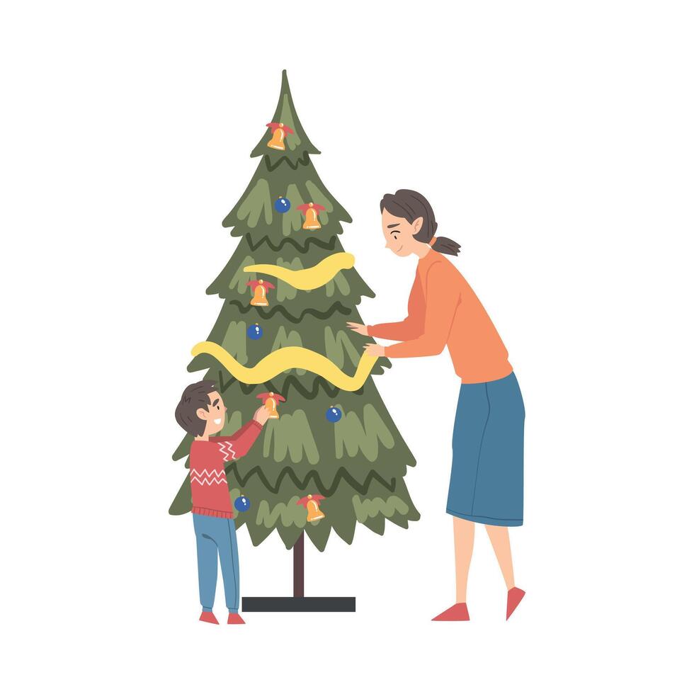 Mother and Son Decorating Christmas Tree, Happy Family Preparing for Holiday Celebration, Merry Xmas and New Year Cartoon Style Illustration vector