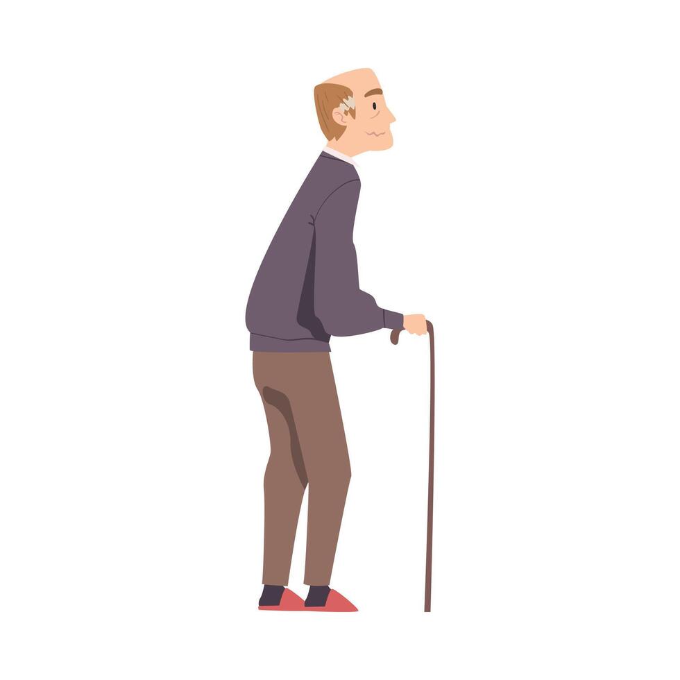 Cheerful Elderly Man Standing with Walking Cane Cartoon Style Illustration vector