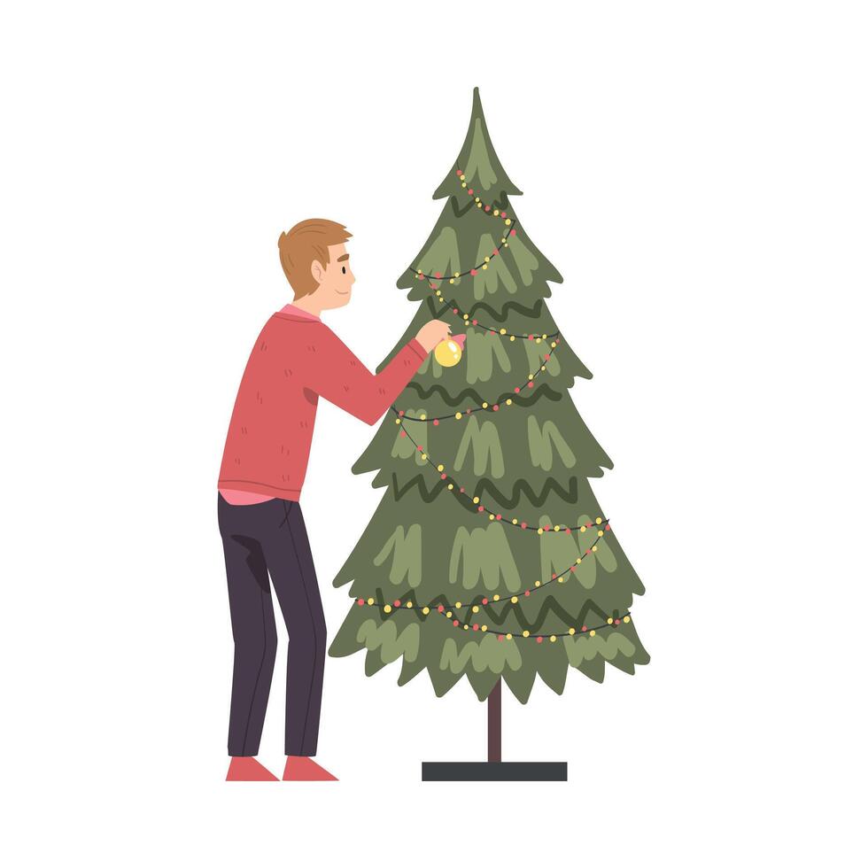 Young Man Decorating Christmas Tree, Person Preparing for Holiday Celebration, Merry Xmas and New Year Cartoon Style Illustration vector