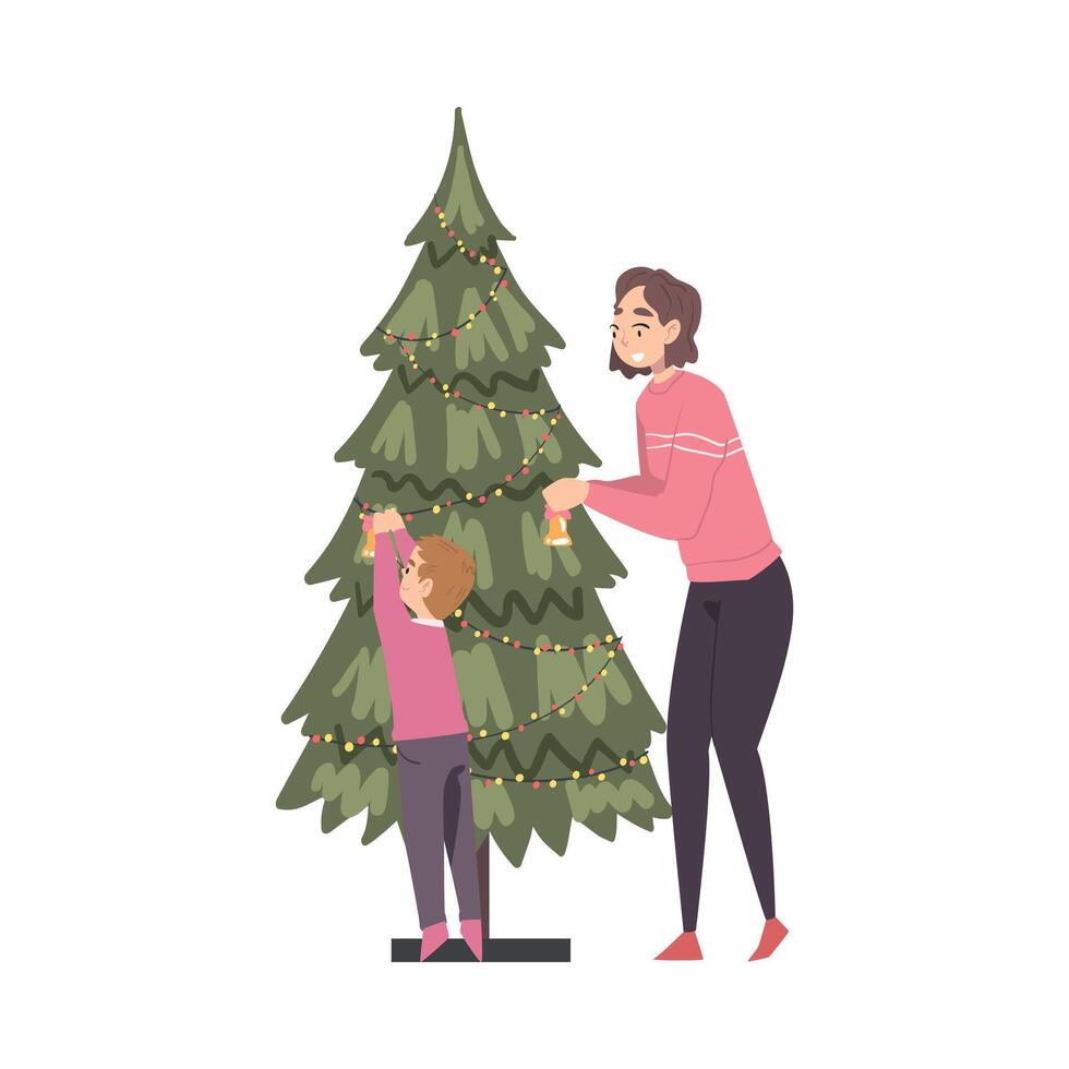 Mom and Son Decorating Christmas Tree, Family Preparing for Holiday Celebration, Merry Xmas and New Year Cartoon Style Illustration vector
