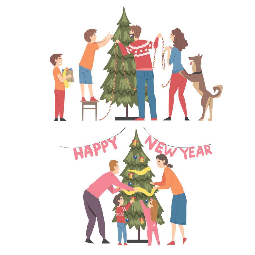 Happy Family Decorating Christmas Tree with Baubles and Garland Set, Parents and Kids Preparing for Winter Holidays Celebration, Merry Xmas and New Year Illustration vector