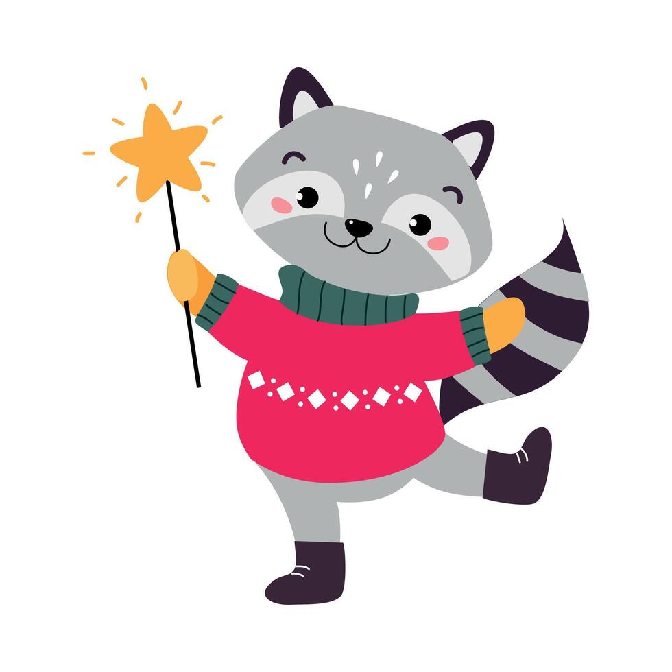Cute Raccoon in Warm Knitted Jumper, Xmas Animal Cartoon Character with Magic Wand, Merry Christmas and Happy New Year Style Illustration vector