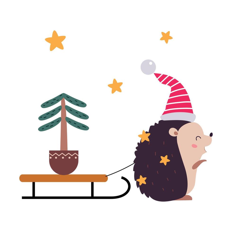Little Hedgehog Pulling Spruce Tree on Sled, Xmas Animal Cartoon Character, Merry Christmas and Happy New Year Illustration vector