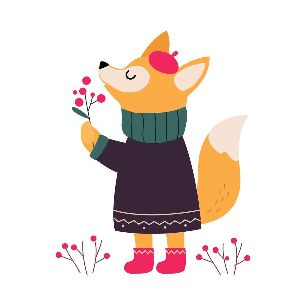 Lovely Fox in Winter Clothes, Cute Xmas Animal Cartoon Character, Merry Christmas and Happy New Year Style Illustration vector