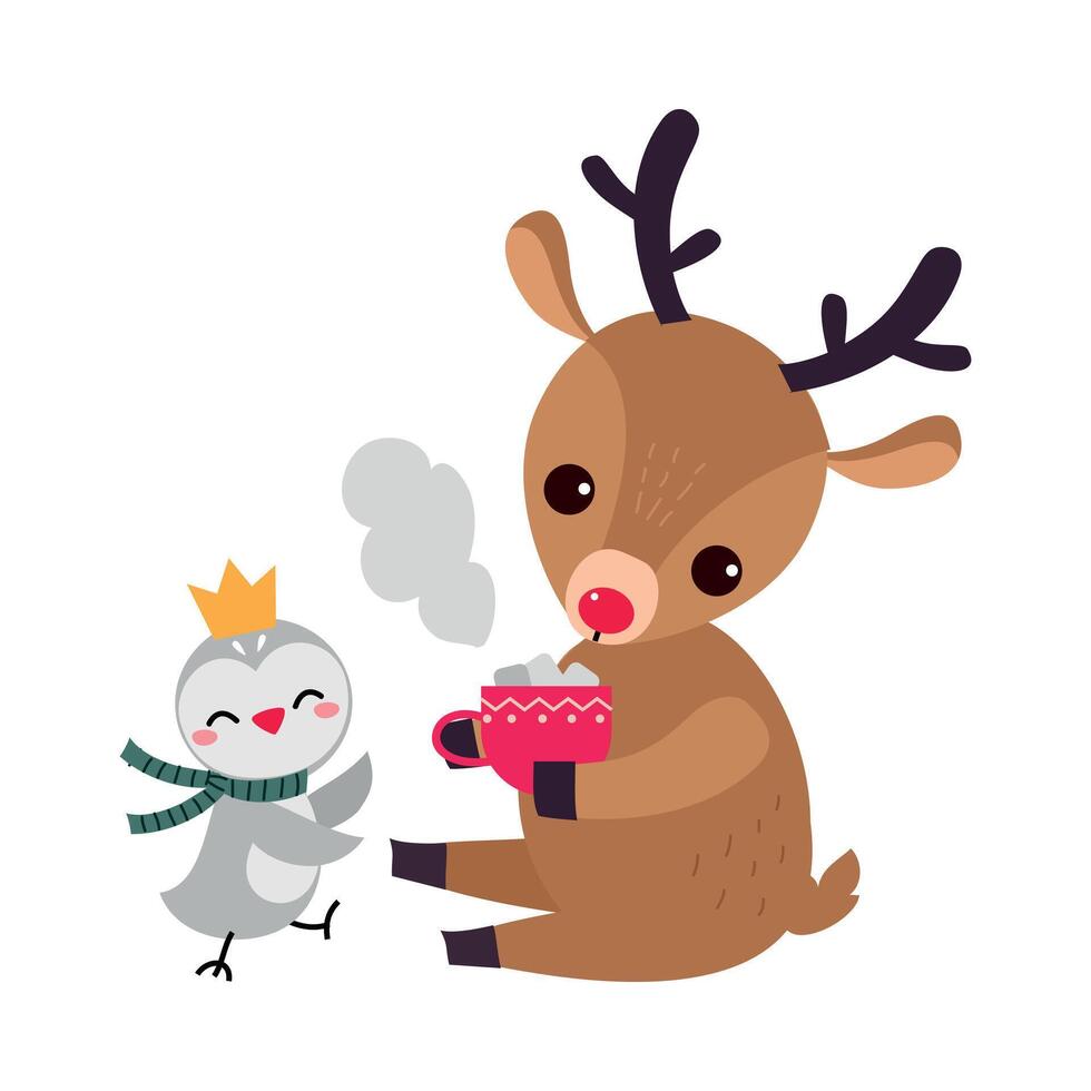 Lovely Fawn with Cup of Cocoa Drink with Marshmallows, Cute Xmas Animal Cartoon Character, Merry Christmas and Happy New Year Illustration vector
