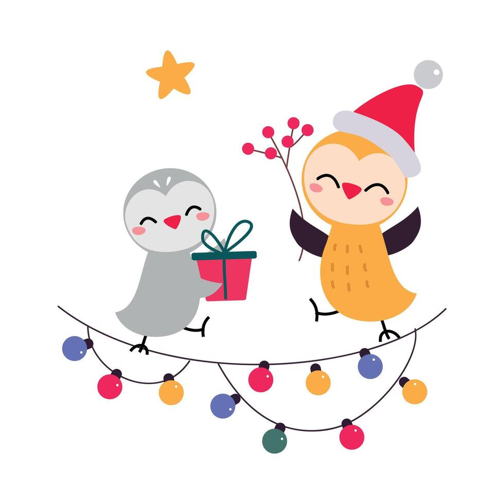 Lovely Little Birds Sitting on Branch Decorated with Garland, Merry Christmas and Happy New Year Cartoon Style Illustration vector