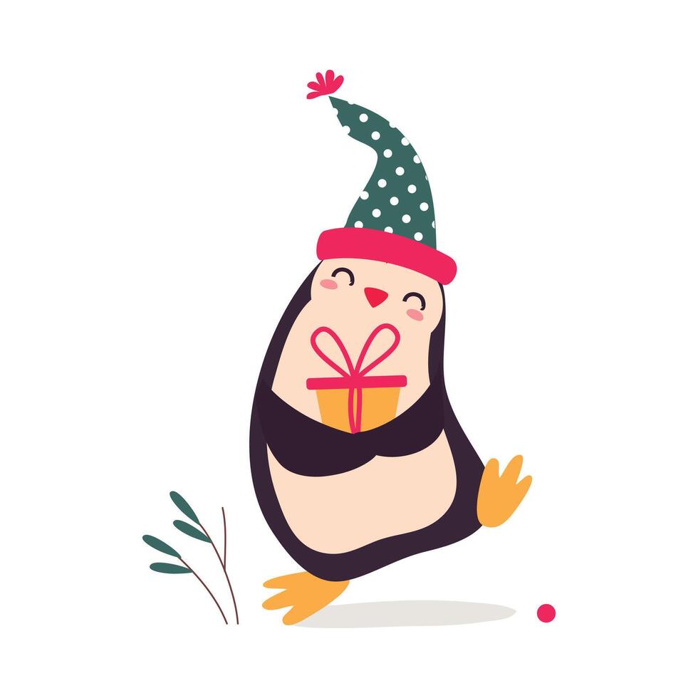 Xmas Penguin Cartoon Character with Present Box, Merry Christmas and Happy New Year Illustration vector