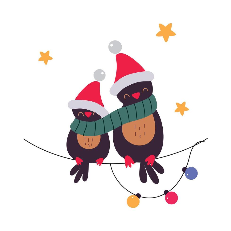 Cute Birds in Santa Hats Sitting on Branch, Merry Christmas and Happy New Year Cartoon Style Illustration vector