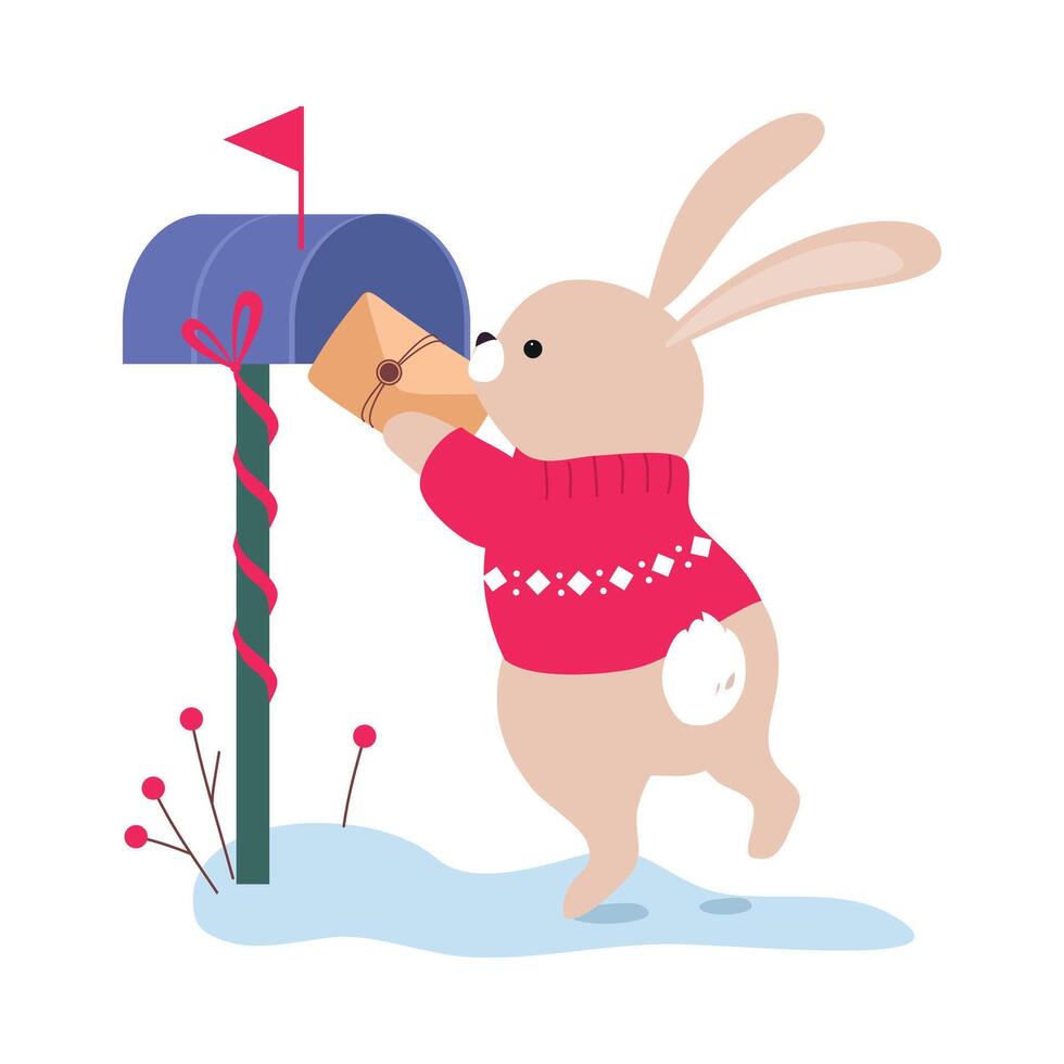 Lovely Bunny Putting Letter in Mailbox, Xmas Animal Cartoon Character, Merry Christmas and Happy New Year Illustration vector