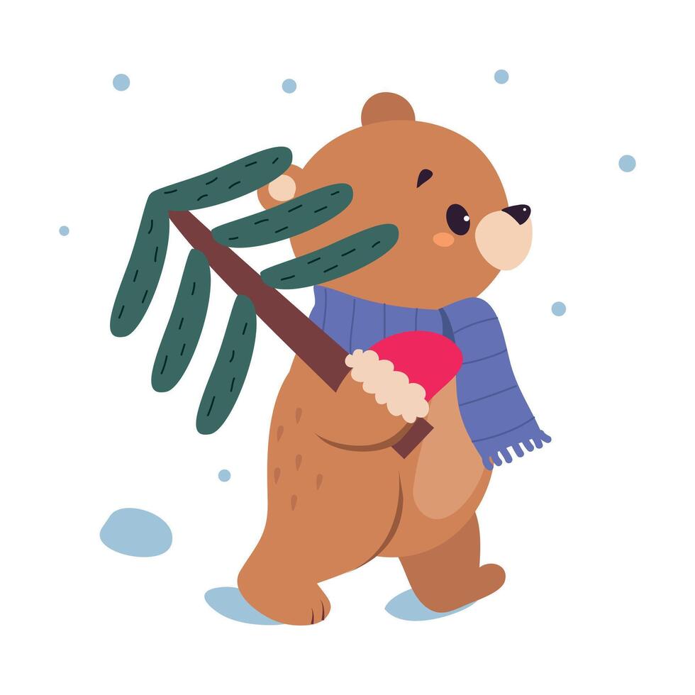Lovely Bear Carrying Spruce Tree, Xmas Animal Cartoon Character, Merry Christmas and Happy New Year Illustration vector