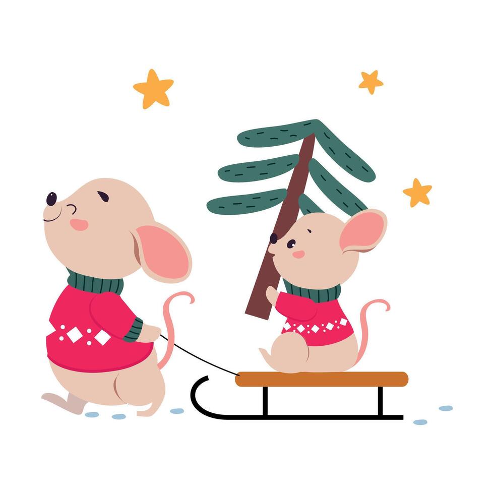 Mom Mouse Sledding her Baby with Spruce Tree, Xmas Animal Cartoon Character, Merry Christmas and Happy New Year Illustration vector