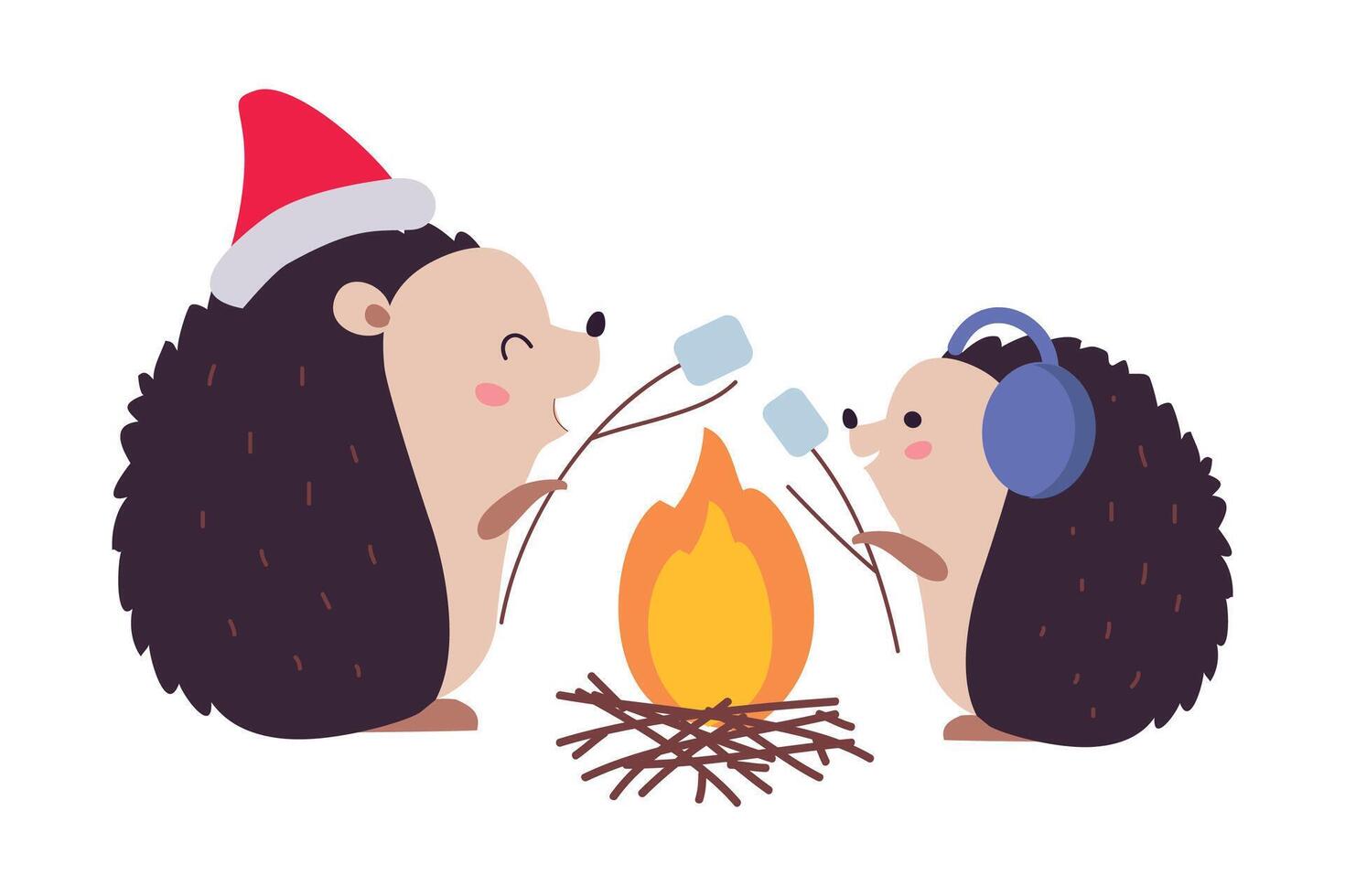 Lovely Hedgehogs Roasting Marshmallows over Campfire, Xmas Animal Cartoon Character, Merry Christmas and Happy New Year Illustration vector