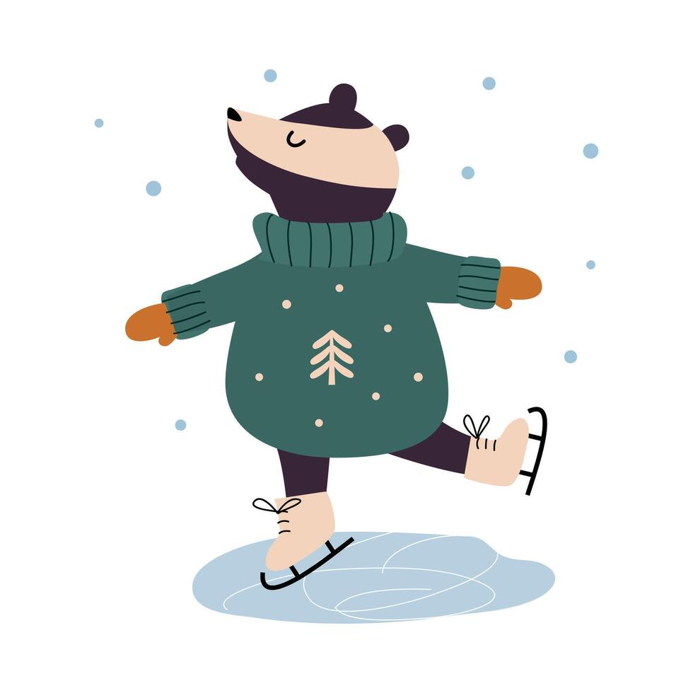 Lovely Badger Skating on Rink, Xmas Animal Cartoon Character, Merry Christmas and Happy New Year Illustration vector