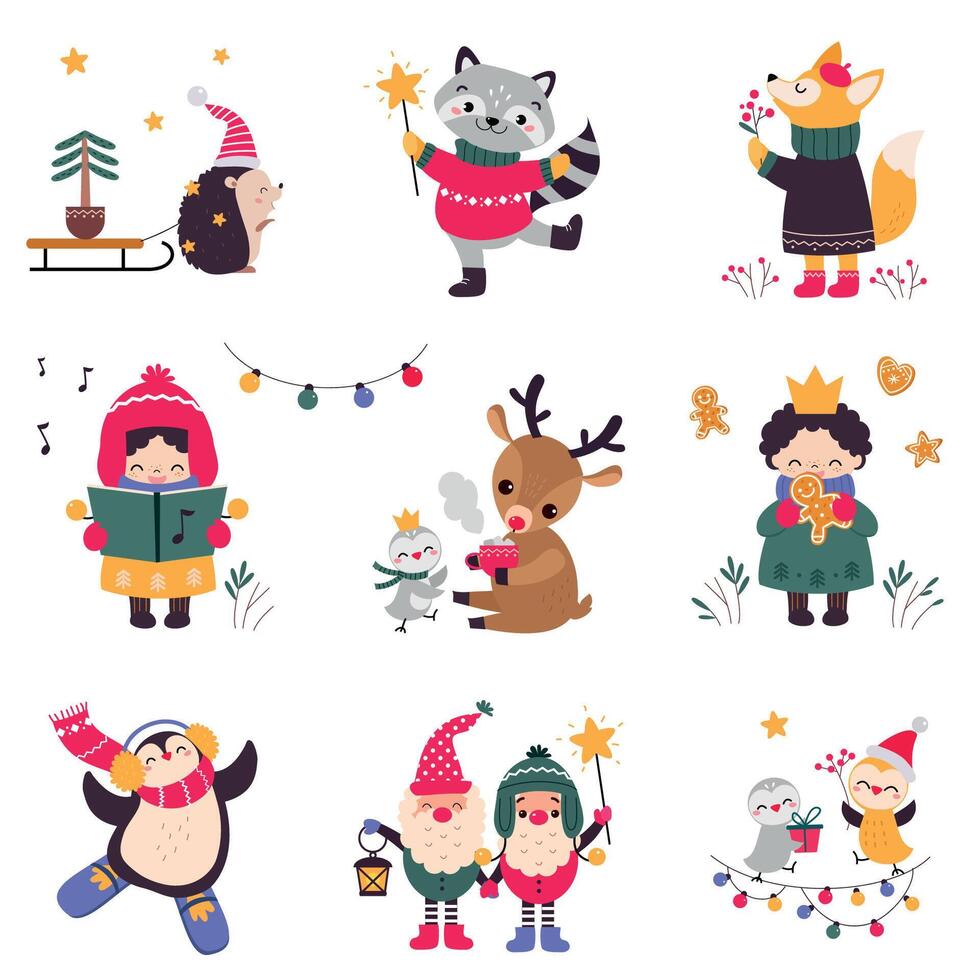 Xmas Animals Cartoon Characters Collection, Merry Christmas and Happy New Year Holidays Illustration vector