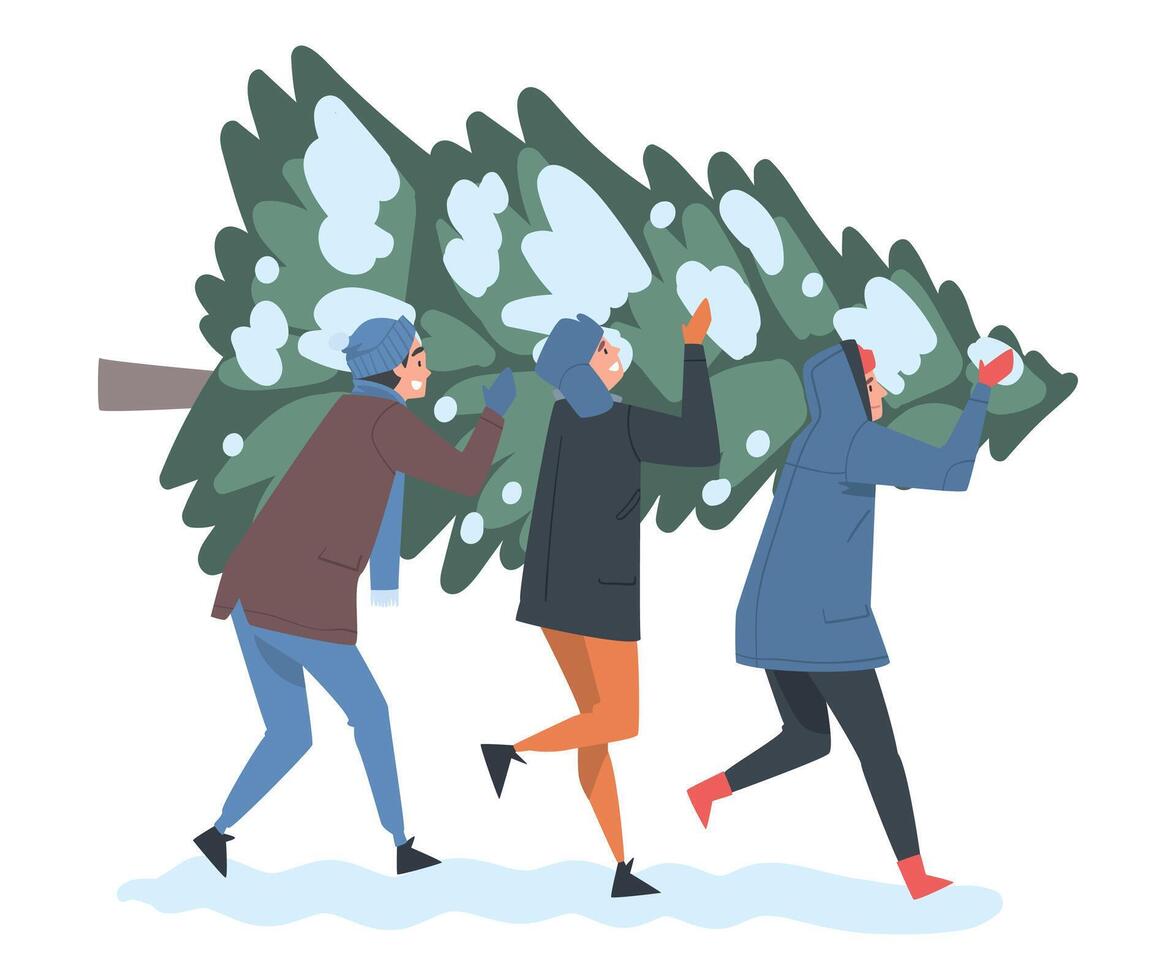 Group of People Carrying Christmas Tree Together Preparing for Holiday Celebration Cartoon Style Illustration vector