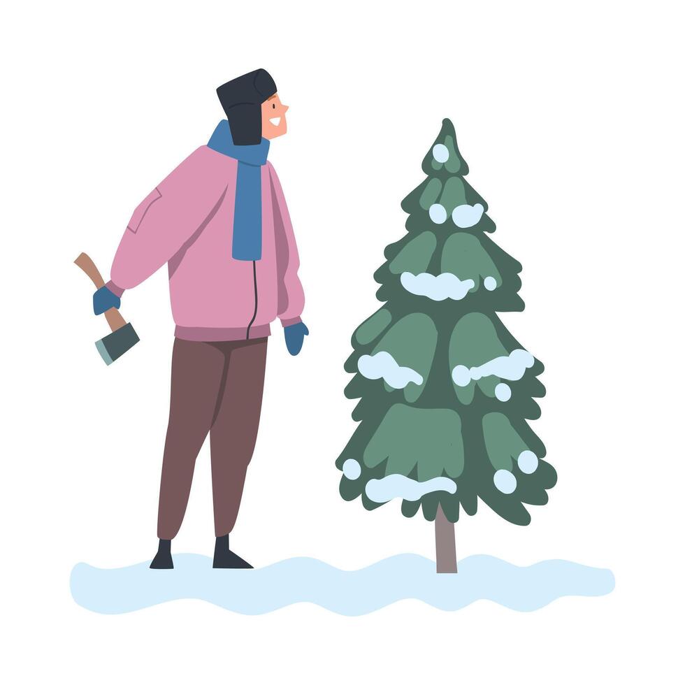 Man Chopping Spruce in Forest Preparing for Holiday Celebration Cartoon Style Illustration vector