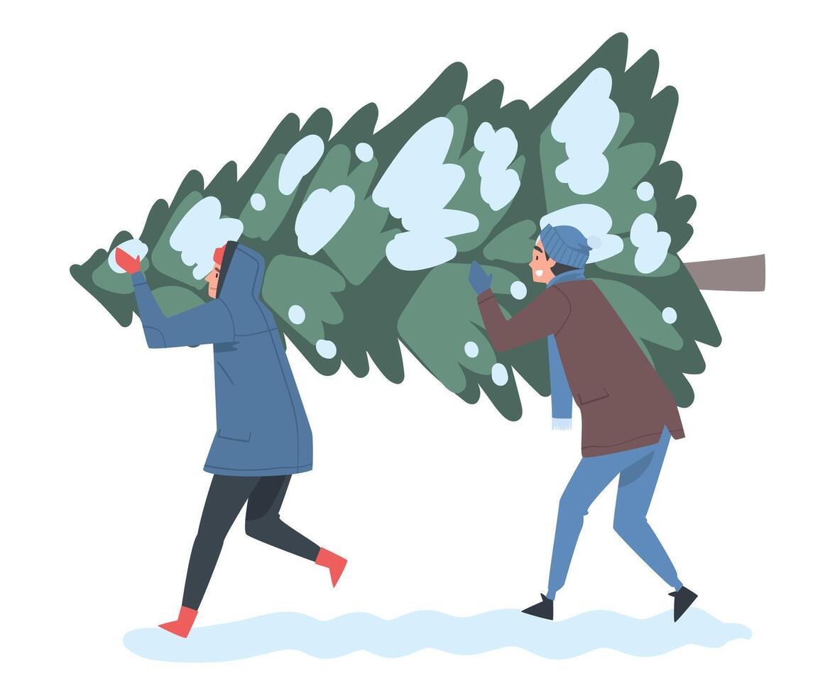 Young Men Carrying Christmas Tree Together, Guys Preparing for Holiday Celebration, Merry Xmas and New Year Concept Cartoon Style Illustration vector