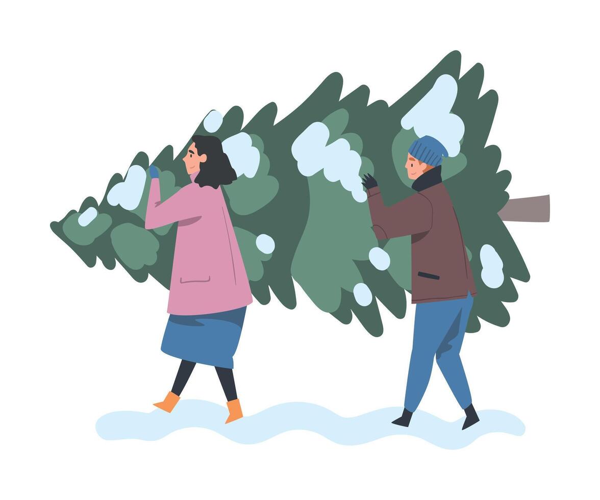 Couple Carrying Christmas Tree Together, People Preparing for Holiday Celebration, Merry Xmas and New Year Concept Cartoon Style Illustration vector