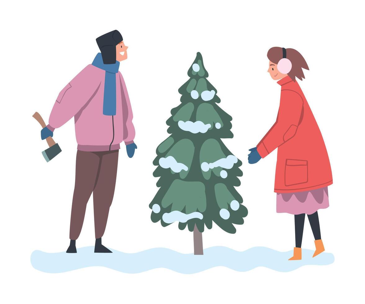 People Preparing for Holiday Celebration, Man Chopping Spruce in Forest Cartoon Style Illustration vector