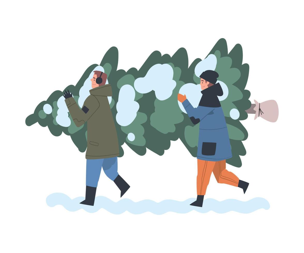 Two Men Carrying Christmas Tree Together, People Preparing for Holiday Celebration, Merry Xmas and New Year Concept Cartoon Style Illustration vector