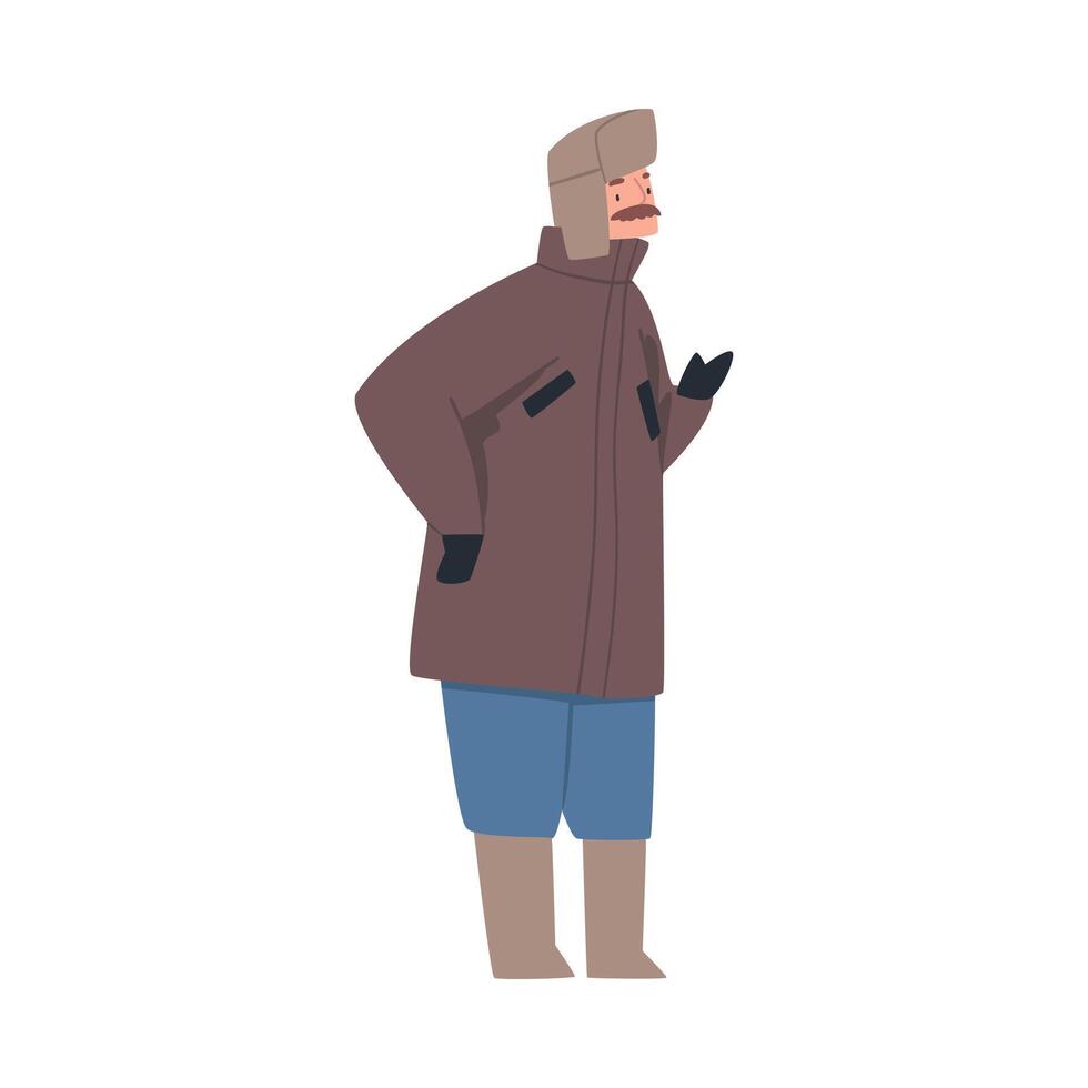 Bearded Man Wearing Winter Clothes, Felt Boots and Fur hat with Earflaps Cartoon Style Illustration vector