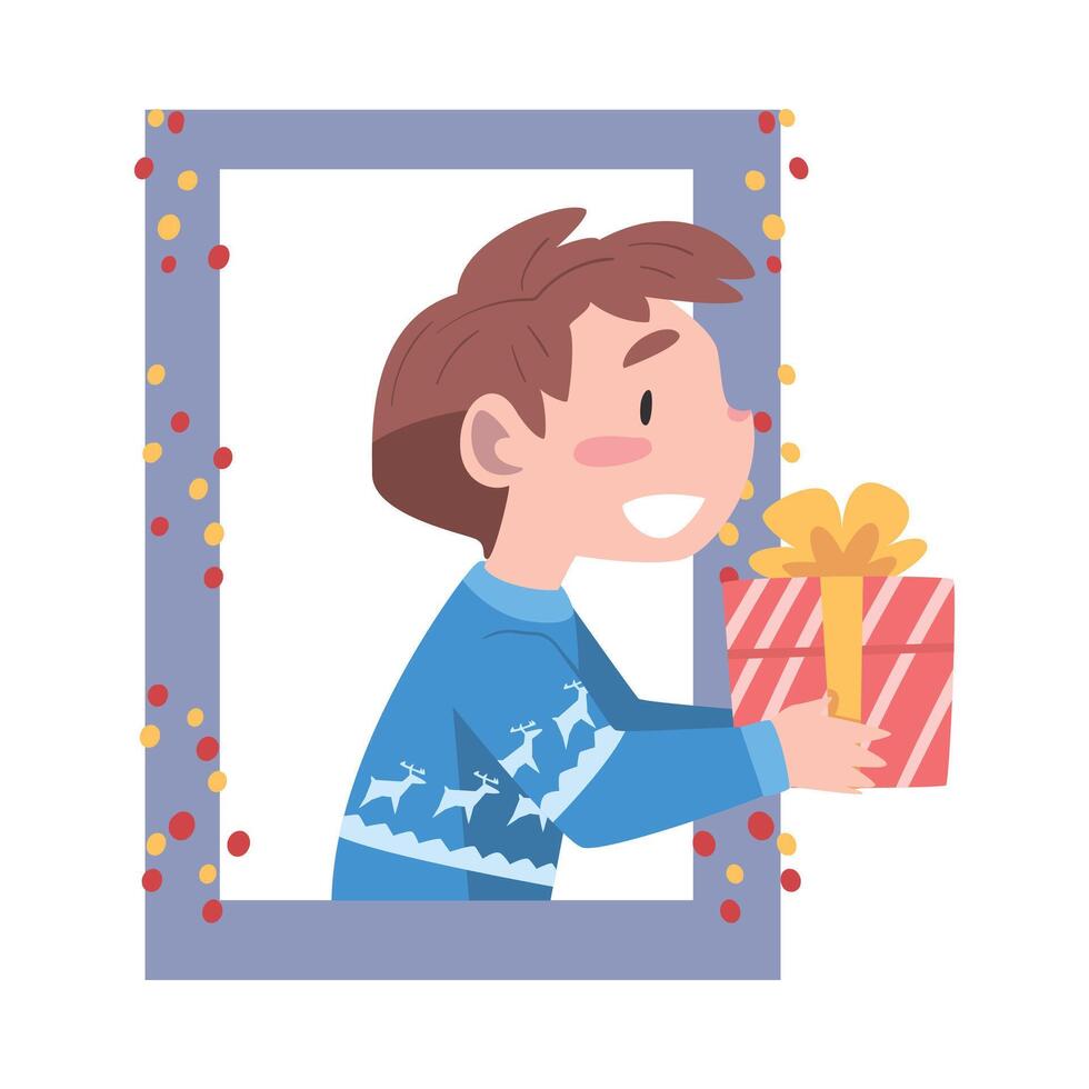 Cute Boy Looking out of the Window, Kid Giving or Receiving Christmas Gif Box, Merry Xmas and New Year, Happy Winter Holidays Concept Illustration vector