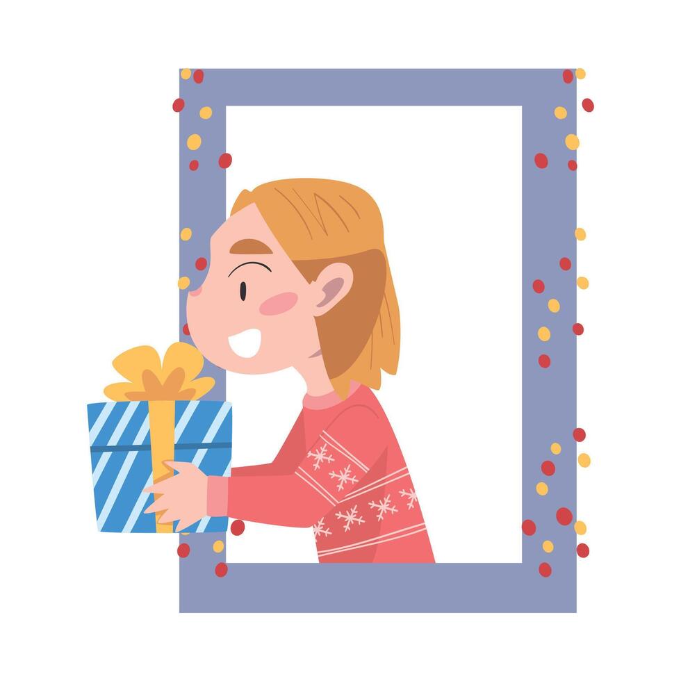 Smiling Girl Looking out of the Window, Kid Giving or Receiving Christmas Gift, Merry Xmas and New Year, Happy Winter Holidays Concept Illustration vector