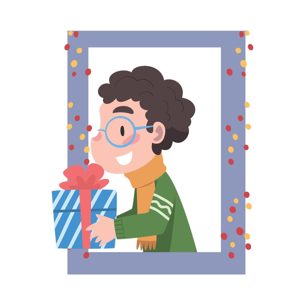 Cute Little Boy Looking out of the Window, Kid Giving or Receiving Christmas Gift, Merry Xmas and New Year, Happy Winter Holidays Concept Illustration vector