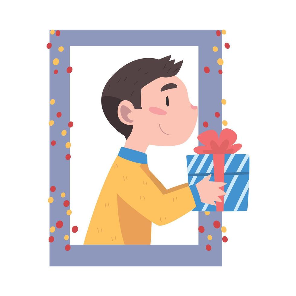 Boy Looking out of the Window, Kid Giving or Receiving Gift Box, Merry Xmas and New Year, Happy Winter Holidays Concept Cartoon Style Illustration vector