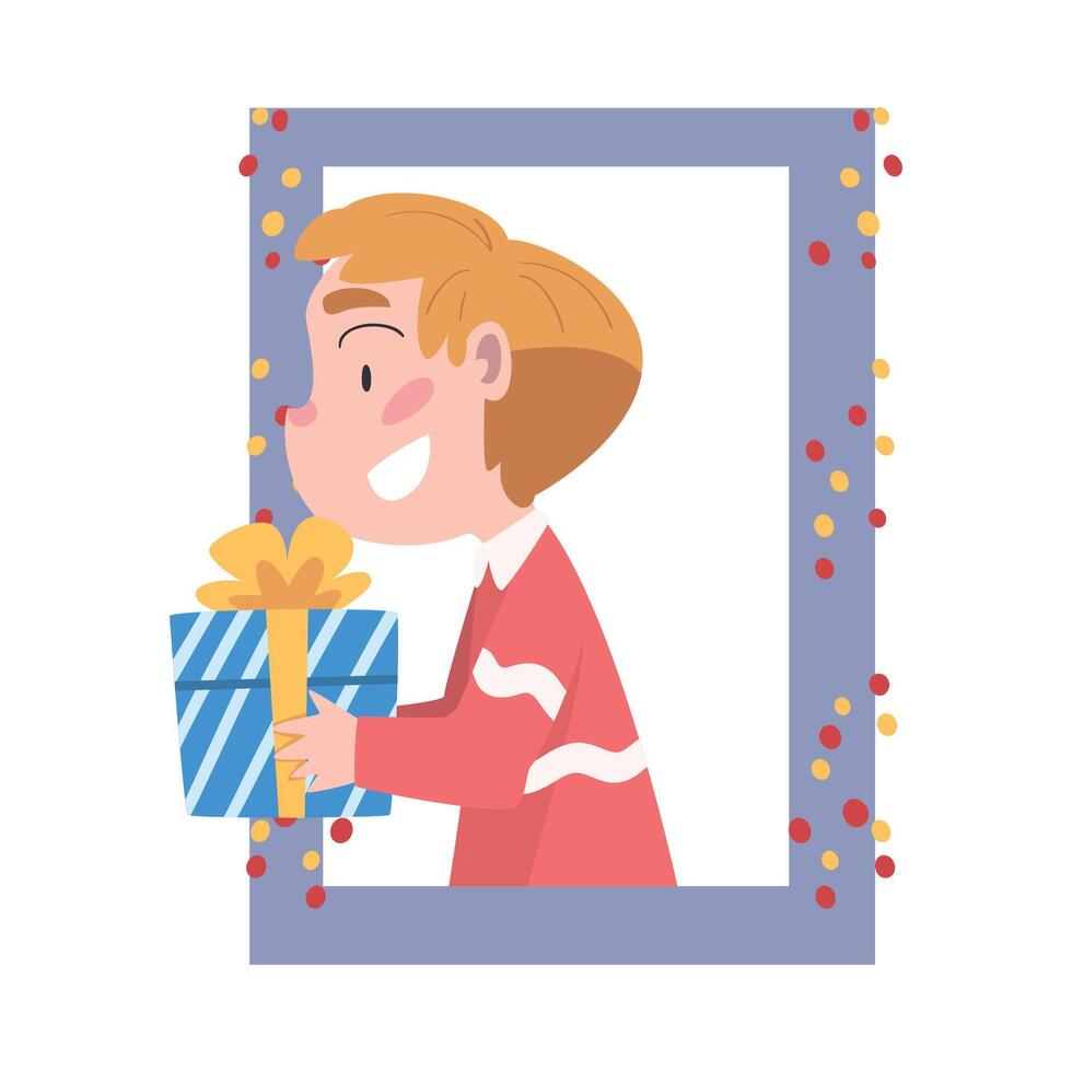 Smiling Boy Looking out of the Window, Kid Giving or Receiving Present Box, Merry Xmas and New Year, Happy Winter Holidays Concept Illustration vector