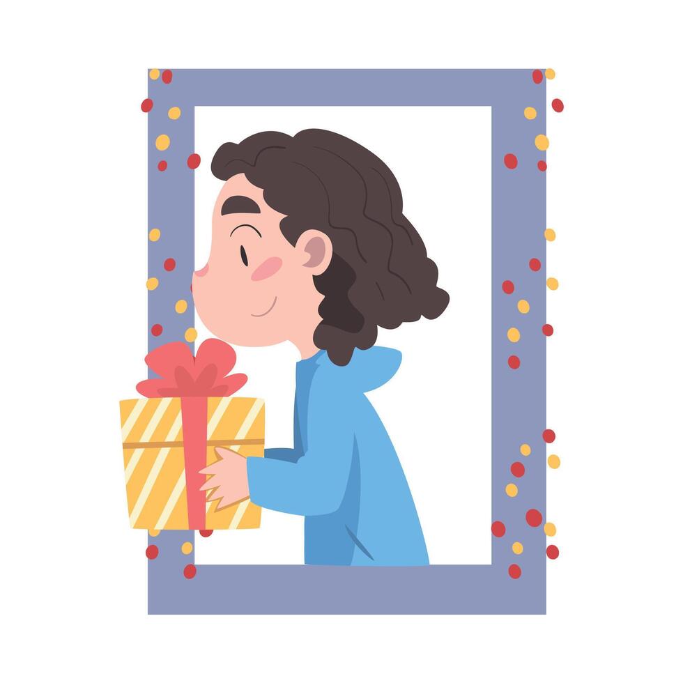 Adorable Girl Looking out of the Window, Kid Giving or Receiving Present Box, Merry Xmas and New Year, Happy Winter Holidays Concept Illustration vector