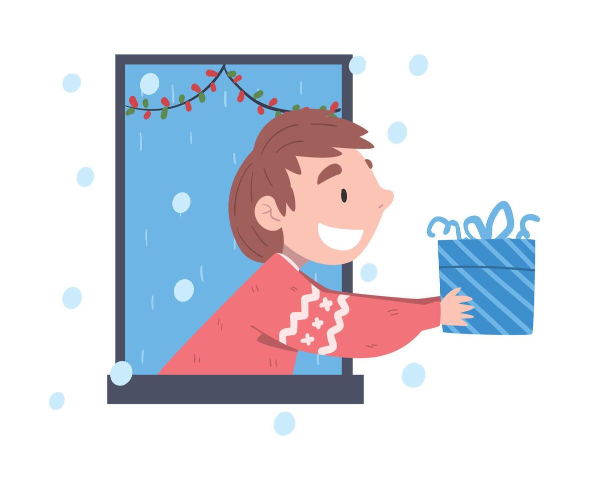 Smiling Boy Looking out of the Window, Child in Red Warm Sweater Giving or Receiving Christmas Gift, Merry Xmas and New Year, Happy Winter Holidays Concept Illustration vector