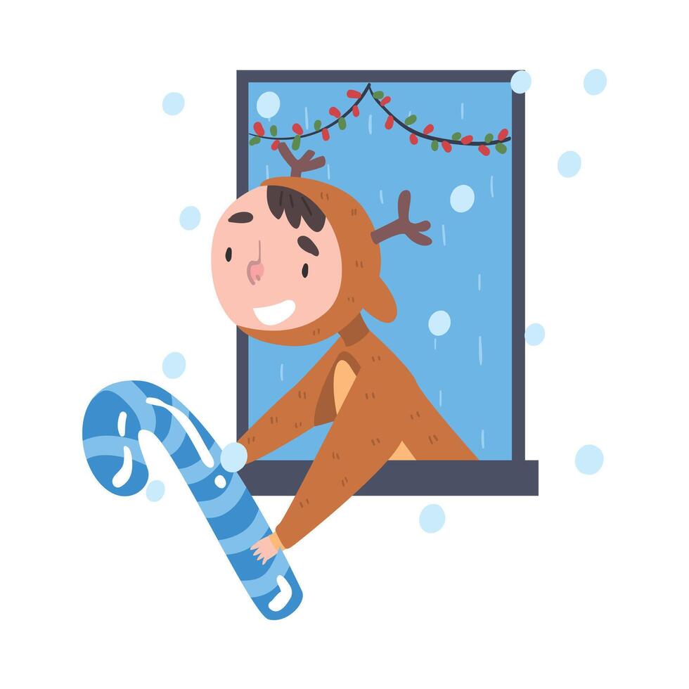 Smiling Boy Looking out of the Window, Kid in Reindeer Costume Giving or Receiving Candy Cane, Merry Xmas and New Year, Happy Winter Holidays Concept Illustration vector