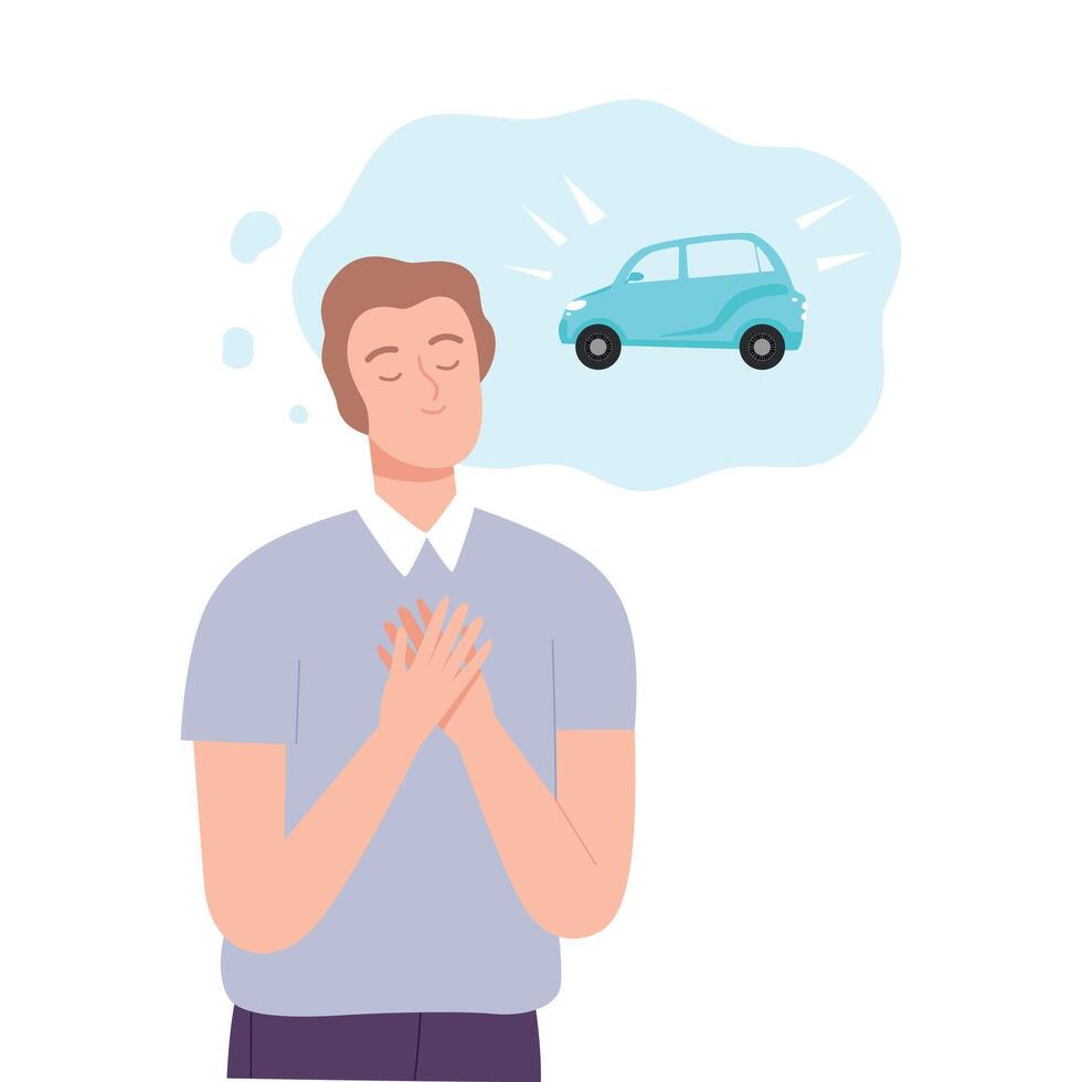Young Man Dreaming about New Car, People Imagination Concept Cartoon Style Illustration vector
