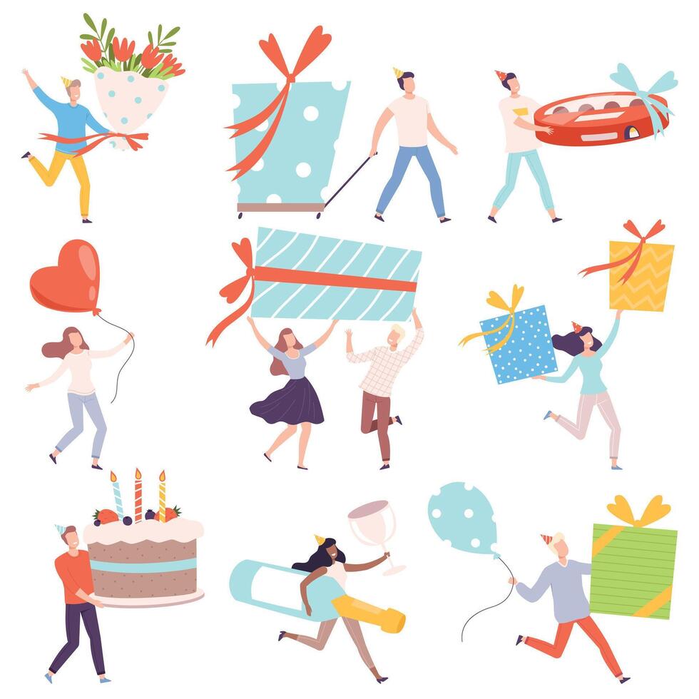 Tiny People Carrying Huge Gift Boxes Set, Tiny Persons Celebrating Birthday or Important Events Cartoon Style Illustration vector