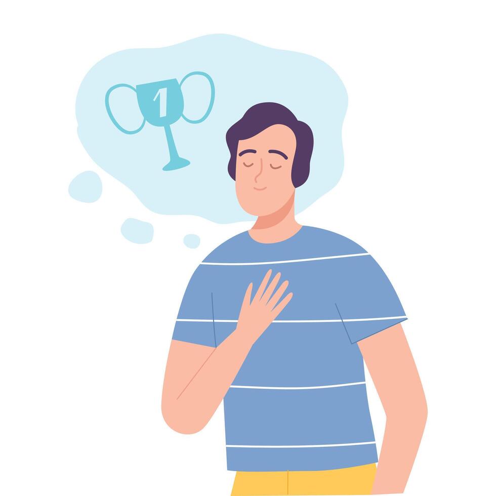 Young Man Dreaming of Victory, People Imagination Concept Cartoon Style Illustration vector