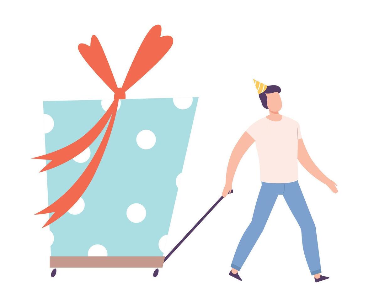 Young Man Pulling Cart with Huge Gift Box, Tiny Person Celebrating Birthday or Important Event Cartoon Style Illustration vector