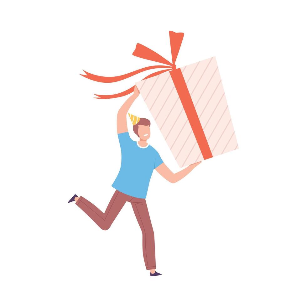 Young Man Holding Huge Present Box with Red Bow, Tiny Person Celebrating Birthday or Important Event Cartoon Style Illustration vector