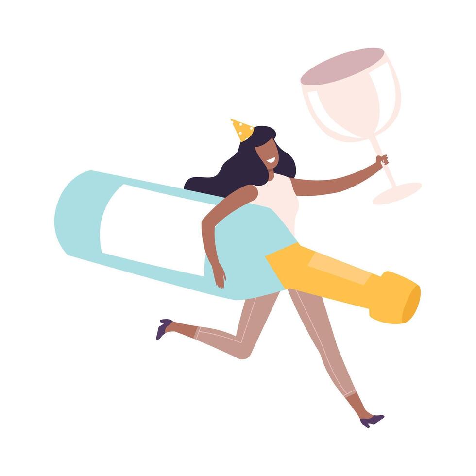 Young Woman Running with Giant Bottle of Champagne and Glass, Tiny Person Celebrating Birthday or Important Event Cartoon Style Illustration vector