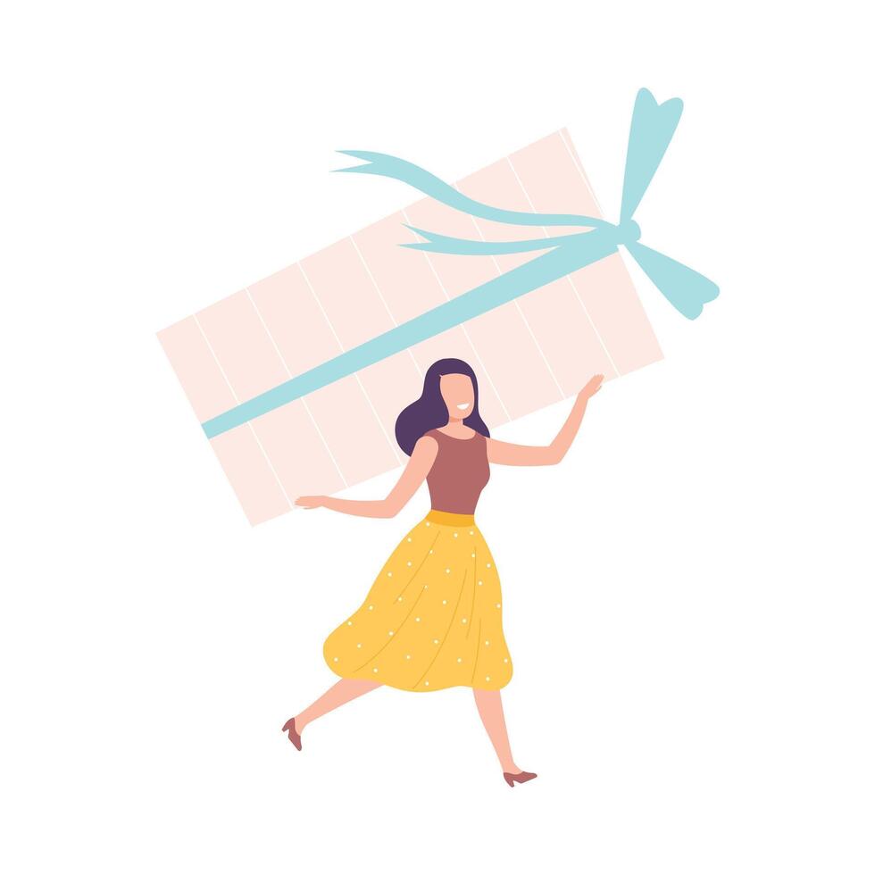 Woman Carrying Huge Present Box with Bow, Tiny Person Celebrating Birthday or Important Event Cartoon Style Illustration vector