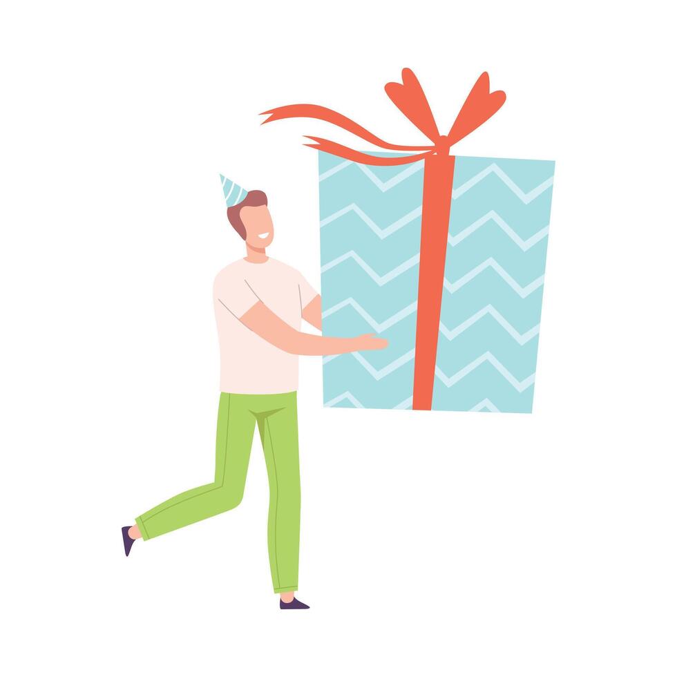 Young Man Carrying Huge Present Box with Red Bow, Tiny Person Celebrating Birthday or Important Event Cartoon Style Illustration vector