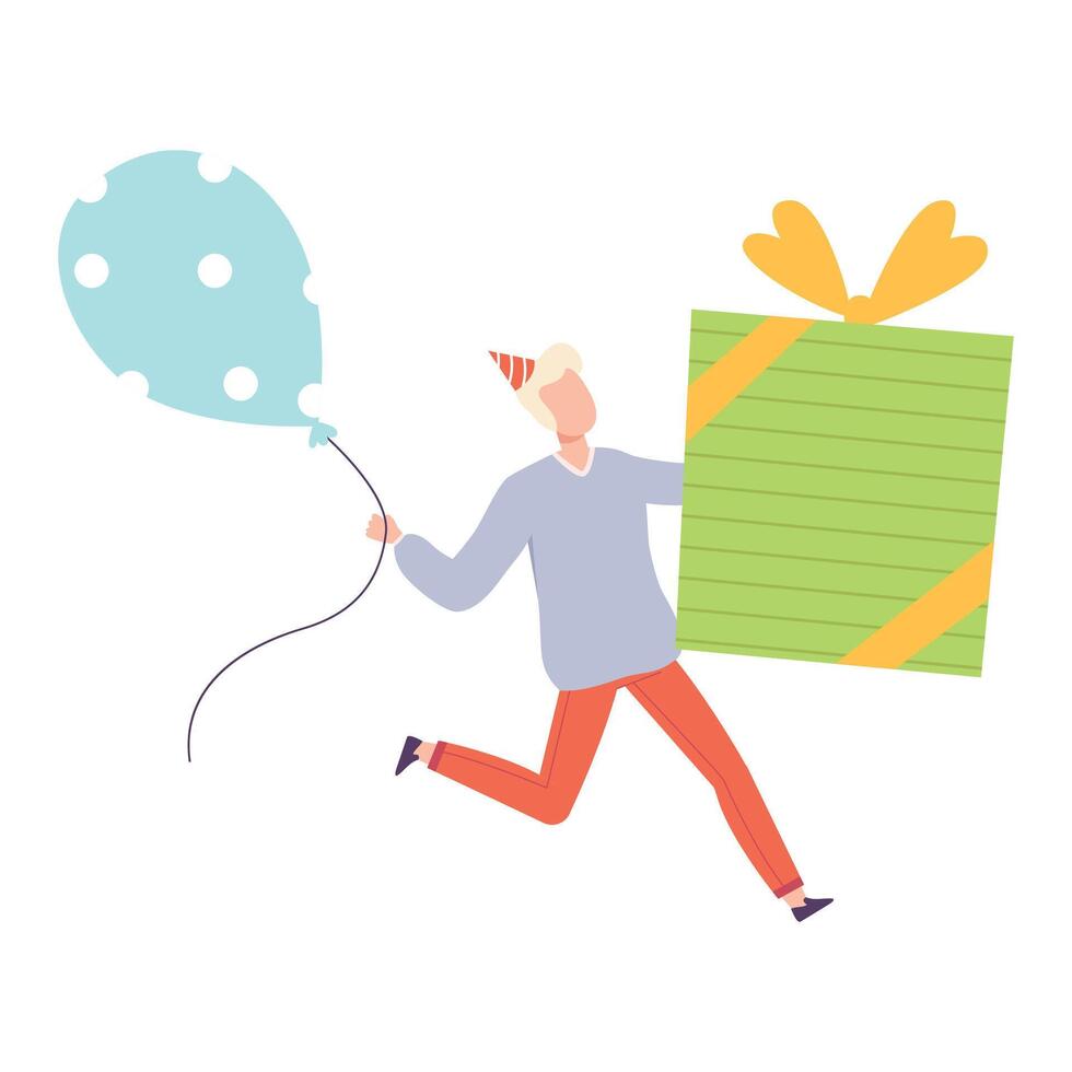 Young Man Running with Huge Present Box and Balloon, Tiny Person Celebrating Birthday or Important Event Cartoon Style Illustration vector