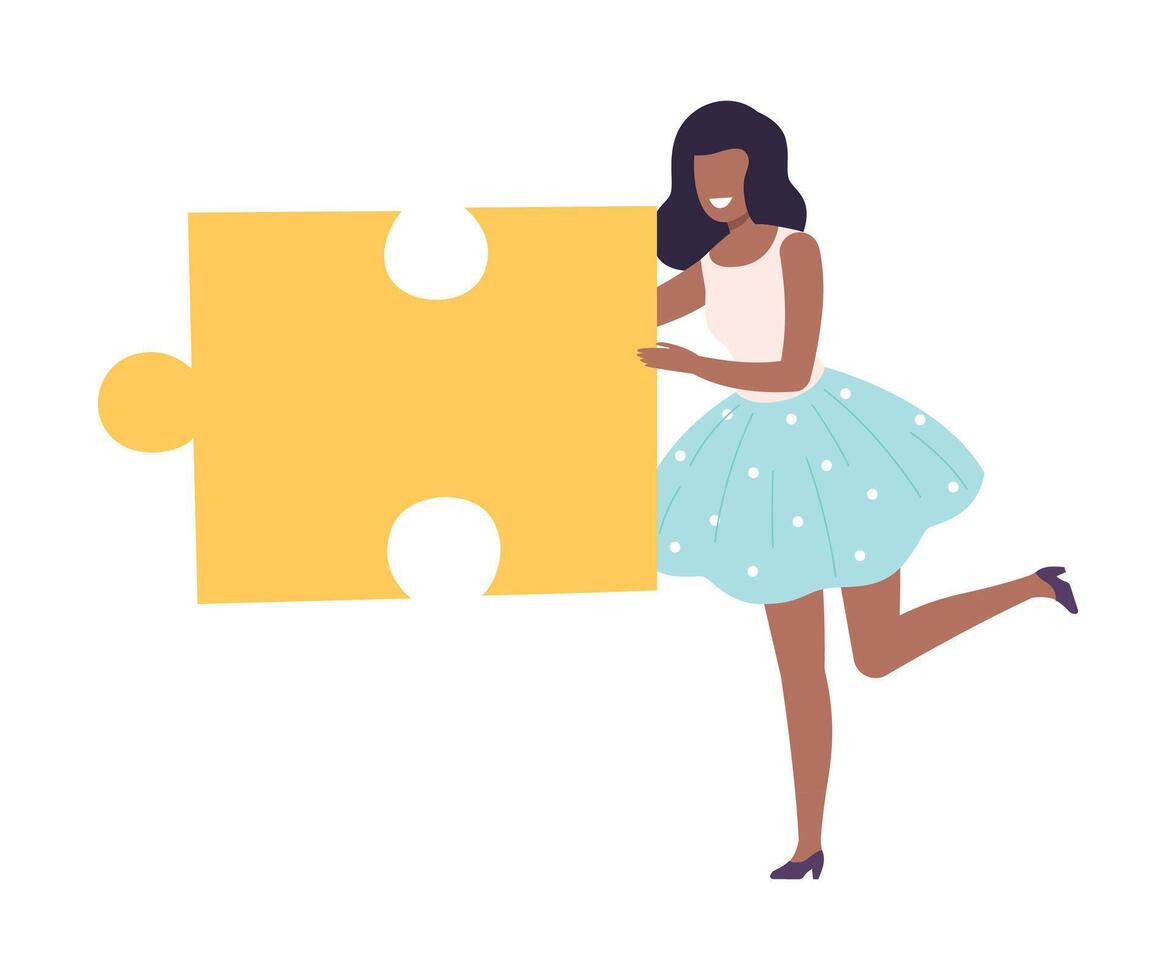 Young Woman Connecting Puzzle Elements, Girl Holding Big Yellow Jigsaw Piece Assembling Abstract Puzzle, Solving Difficult Problem Cartoon Style Illustration vector
