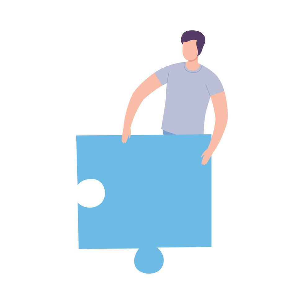 Man Connecting Puzzle Elements, Guy Holding Big Blue Jigsaw Piece Assembling Abstract Puzzle, Solving Difficult Problem Cartoon Style Illustration vector