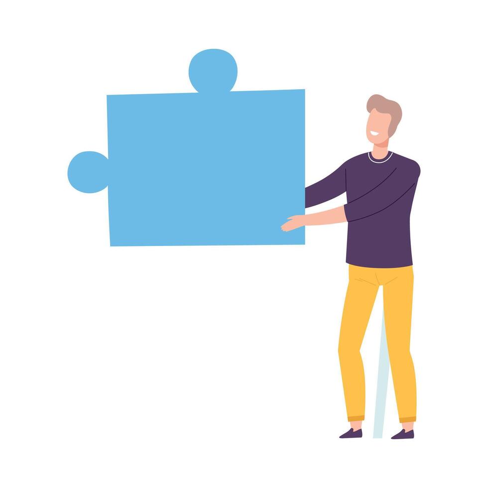Man Connecting Puzzle Element, Guy Holding Big Blue Jigsaw Piece Assembling Abstract Puzzle, Solving Difficult Problem Cartoon Style Illustration vector