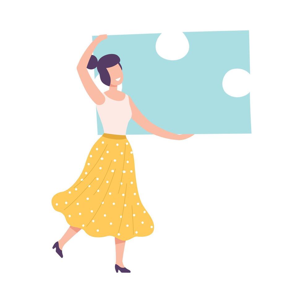 Young Woman Connecting Puzzle Elements, Girl Holding Big Jigsaw Piece Assembling Abstract Puzzle Cartoon Style Illustration vector