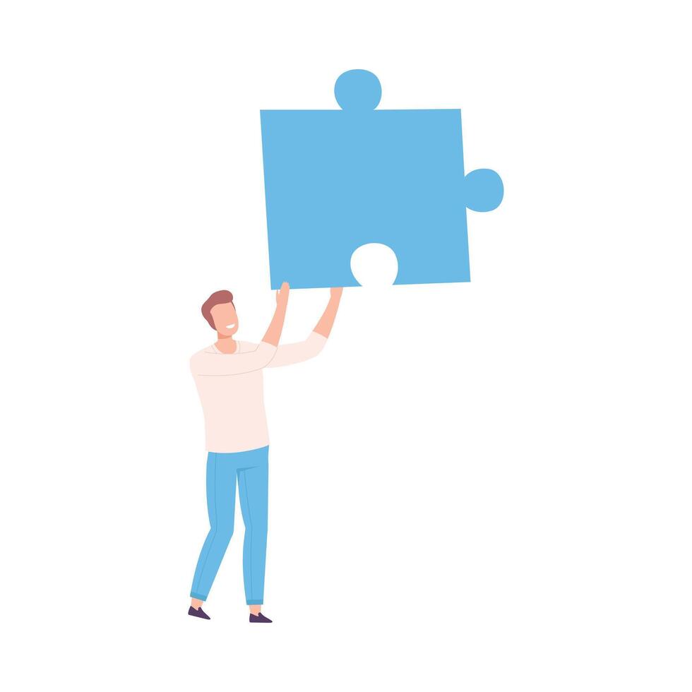 Man Holding Puzzle Element, Guy Holding Big Jigsaw Piece Assembling Abstract Puzzle, Solving Difficult Problem Cartoon Style Illustration vector