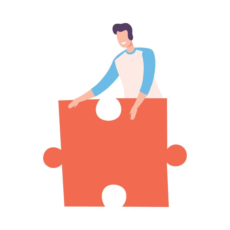Young Man Connecting Puzzle Element, Guy Holding Big Red Jigsaw Piece Assembling Abstract Puzzle Cartoon Style Illustration vector